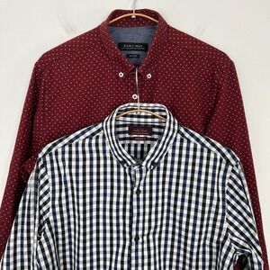 Zara Man Medium Slim Fit Burgundy Dot Gingham Print Button Down‎ Dress Shirts X2
